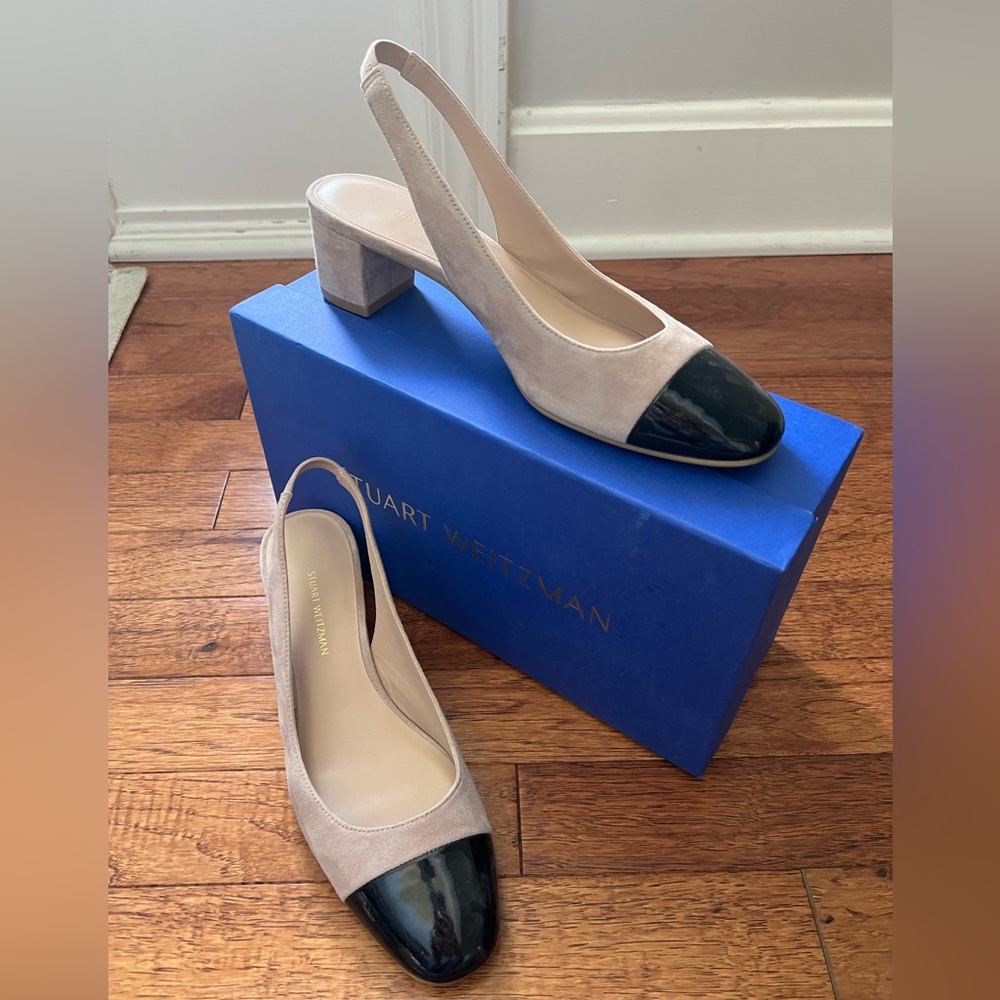 Stuart Weitzman suede sling backs with patent toe